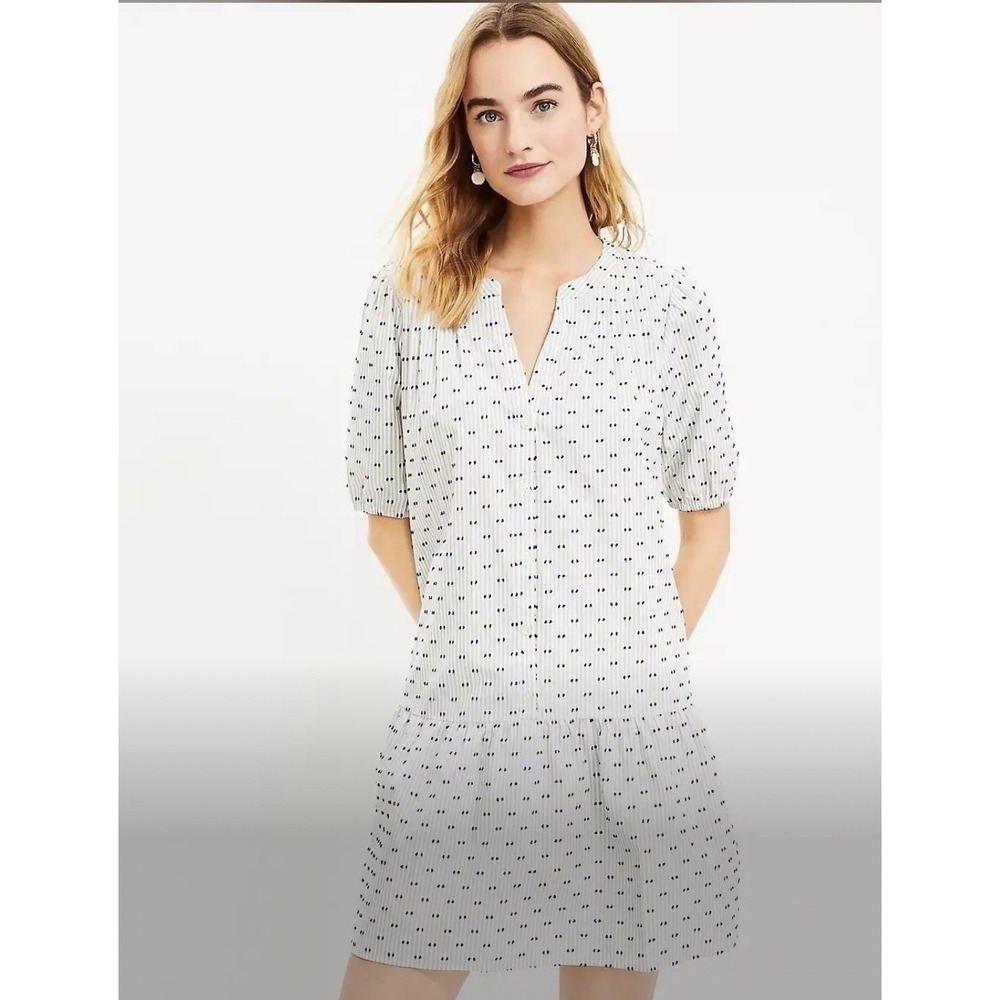 LOFT Women's Cotton Dress Size M Petite White Black Dot Print Button Front